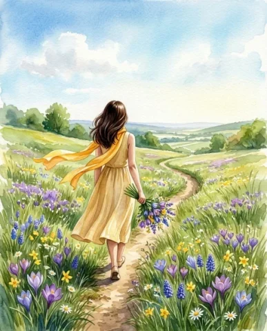 Watercolor Spring Greeting Card Portrait with Flowers 7 — Nano Banana AI Prompt: She wears light golden-yellow clothing and the airy saffron-yellow scarf trails...
