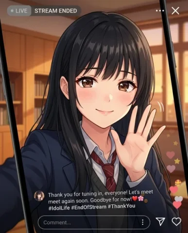 Anime Idol Selfie with Social Media UI Overlay 7 — Nano Banana AI Prompt: Her small heart-shaped lips are open behind her hand showing genuine uninhibited...