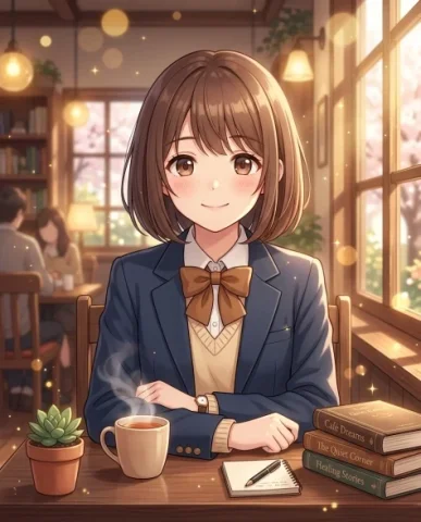 Anime Girl Streaming Screen with Café Background 2 — Nano Banana AI Prompt: The same cute anime girl with chestnut-brown bob-cut hair in a round soft silhou...