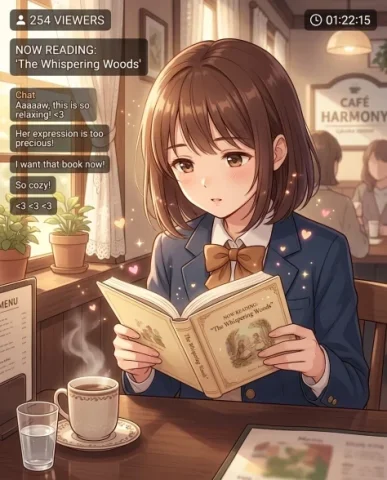 Anime Girl Streaming Screen with Café Background 4 — Nano Banana AI Prompt: The same anime girl with chestnut-brown bob-cut hair and navy blazer uniform, no...