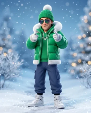 Stylized 3D Cartoon Character in Winter Streetwear 1 — Nano Banana AI Prompt: Background is a cool winter blue tone with fine snow particles drifting gently t...