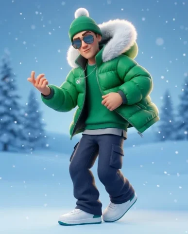 Stylized 3D Cartoon Character in Winter Streetwear 2 — Nano Banana AI Prompt: The bright emerald-green puffy down jacket billows slightly from the rotational...