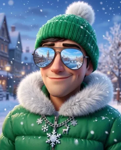 Stylized 3D Cartoon Character in Winter Streetwear 3 — Nano Banana AI Prompt: The bright emerald winter hat with its fluffy white pom-pom sits perfectly on hi...