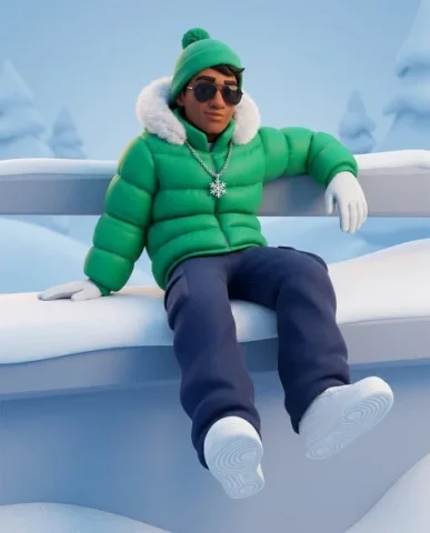 Stylized 3D Cartoon Character in Winter Streetwear 4 — Nano Banana AI Prompt: The same stylized 3D cartoon character sitting casually on a stylized snow-cover...