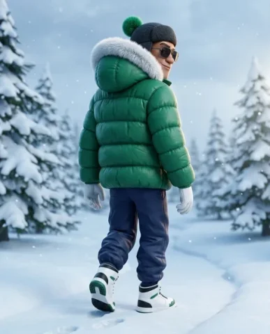 Stylized 3D Cartoon Character in Winter Streetwear 5 — Nano Banana AI Prompt: The background maintains the cool winter blue with gentle snow drift. The seated...