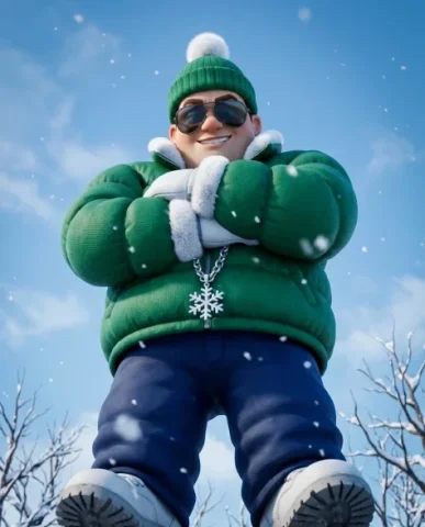 Stylized 3D Cartoon Character in Winter Streetwear 7 — Nano Banana AI Prompt: The character looks down toward the camera with a wide confident grin, dark avia...