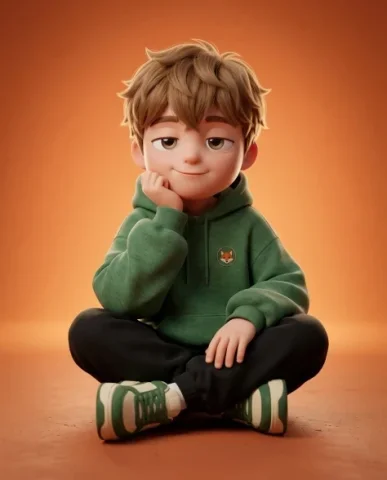 Stylized 3D Chibi Boy Character with Peace Sign 3 — Nano Banana AI Prompt: The same 3D chibi boy character sitting cross-legged on the ground in a relaxed...