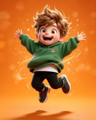 Stylized 3D Chibi Boy Character with Peace Sign 4 — Nano Banana AI Prompt: His large round head tilts back slightly with an exhilarated wide-open grin, haz...