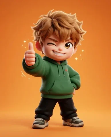 Stylized 3D Chibi Boy Character with Peace Sign 7 — Nano Banana AI Prompt: The 3D chibi boy character giving a bold thumbs-up with his right hand while win...