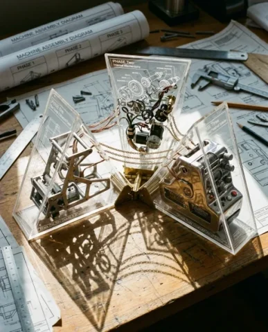Kinetic Blueprint Machine Deconstruction Diorama 1 — Nano Banana AI Prompt: The wedges are partially unfolded across a drafting table surface. Phase one rev...