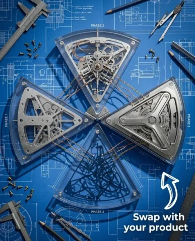 Kinetic Blueprint Machine Deconstruction Diorama 3 — Nano Banana AI Prompt: Phase 3 with the polished finished exterior. Copper wires and brass chains bridg...