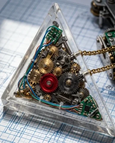 Kinetic Blueprint Machine Deconstruction Diorama 4 — Nano Banana AI Prompt: Phase 2 triangular acrylic wedge from the machine deconstruction diorama. Inside...