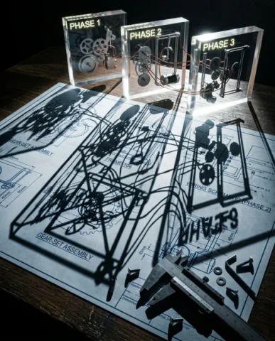Kinetic Blueprint Machine Deconstruction Diorama 5 — Nano Banana AI Prompt: Copper wires bridging the wedges cast thin linear shadows across the table. Prec...