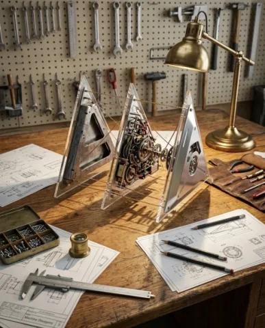Kinetic Blueprint Machine Deconstruction Diorama 7 — Nano Banana AI Prompt: The three triangular acrylic wedges are partially unfolded on the drafting table...