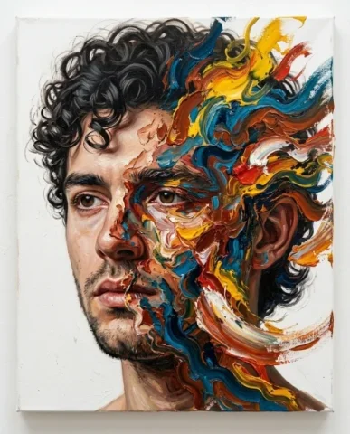 Hyper-Realistic Abstract Oil Portrait of a Young Man 2 — Nano Banana AI Prompt: The left side of his face is highly realistic — recognizable features, the curve...