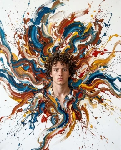 Hyper-Realistic Abstract Oil Portrait of a Young Man 7 — Nano Banana AI Prompt: The swirls and flowing strokes create a galaxy-like pattern of color emanating f...