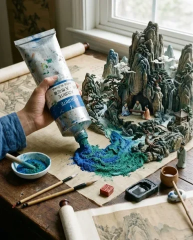 Traditional Landscape Pigment Tube Squeeze Diorama 1 — Nano Banana AI Prompt: Azurite Blue and Malachite Green mineral pigments. The paste flows outward and t...