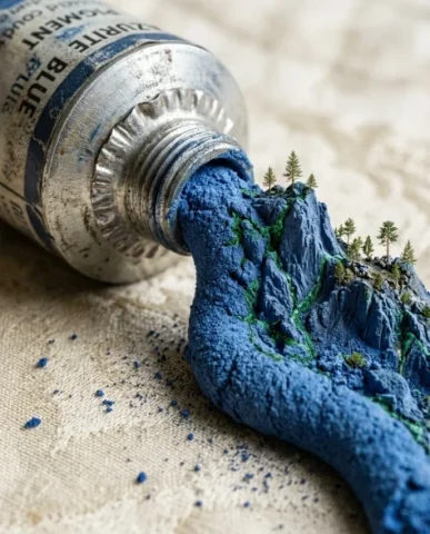 Traditional Landscape Pigment Tube Squeeze Diorama 2 — Nano Banana AI Prompt: Azurite Blue tone sitting on a sheet of antique silk with visible weave texture....