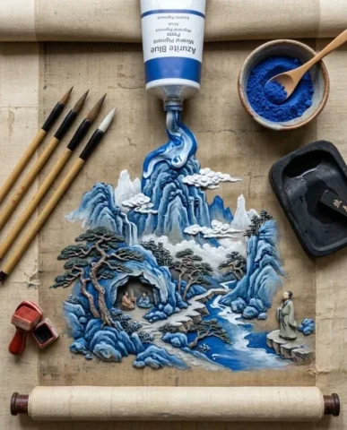 Traditional Landscape Pigment Tube Squeeze Diorama 3 — Nano Banana AI Prompt: Azurite Blue mineral pigment paste. The frame fills with the moment of transform...