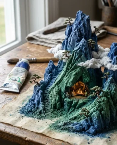 Traditional Landscape Pigment Tube Squeeze Diorama 6 — Nano Banana AI Prompt: The figurine is posed as if painting on a small silk scroll — one hand holds a m...