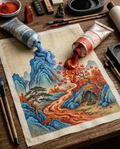 Traditional Landscape Pigment Tube Squeeze Diorama 7 — Nano Banana AI Prompt: Azurite Blue and ink black — the hair points sharp and defined. The ink stone si...