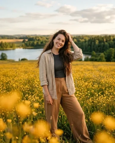 Photorealistic Portrait in Wildflower Field 1 — Nano Banana AI Prompt: Her long dark chestnut-brown hair flows freely past her shoulders with subtle wi...