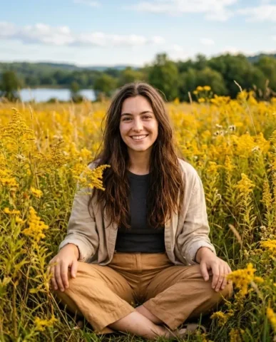 Photorealistic Portrait in Wildflower Field 2 — Nano Banana AI Prompt: Her long dark chestnut-brown hair falls naturally around her shoulders. Her expr...