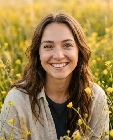 Photorealistic Portrait in Wildflower Field 4 — Nano Banana AI Prompt: She wears the collar of a dark charcoal top visible beneath a loose sand-colored...