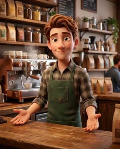 3D Rendered Barista Character in Cozy Coffee Shop 1 — Nano Banana AI Prompt: He wears a forest-green apron over a plaid flannel shirt in muted earth tones, f...