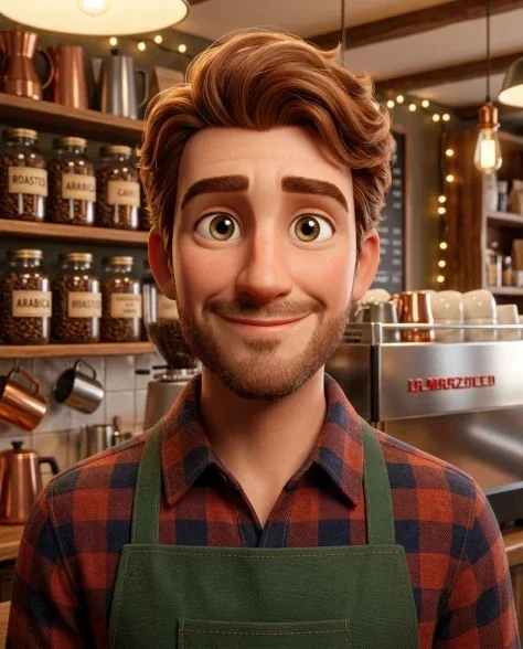 3D Rendered Barista Character in Cozy Coffee Shop 2