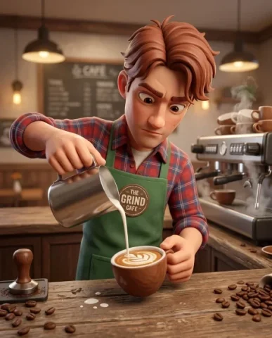 3D Rendered Barista Character in Cozy Coffee Shop 3 — Nano Banana AI Prompt: His big expressive eyes look directly at the camera with proud satisfaction, a w...