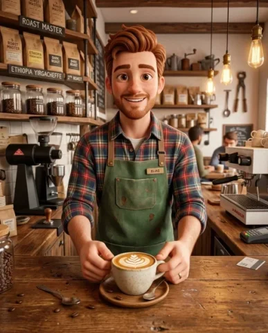 3D Rendered Barista Character in Cozy Coffee Shop 4 — Nano Banana AI Prompt: His right hand grips the portafilter locked into the group head, his left hand r...