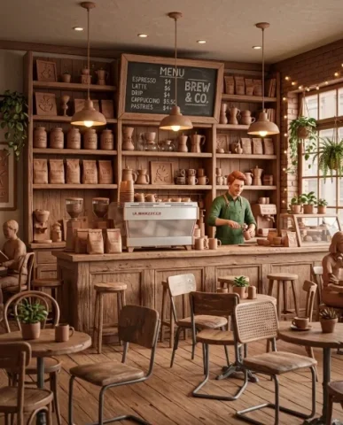 3D Rendered Barista Character in Cozy Coffee Shop 7 — Nano Banana AI Prompt: The shop stretches wide — rustic wooden counters with warm grain running across...