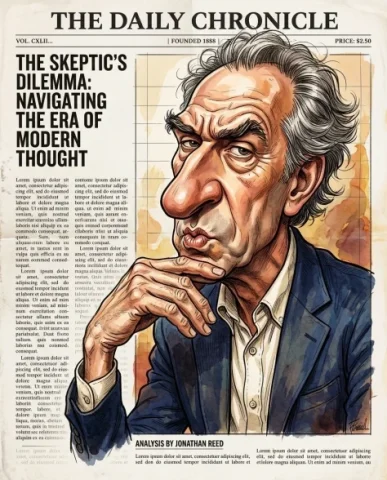 Masterpiece Editorial Caricature Illustration 7 — Nano Banana AI Prompt: The enormous nose casts a shadow across the supporting hand. The broadened foreh...
