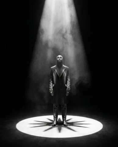 Dramatic Spotlight Portrait in Total Darkness 1 — Nano Banana AI Prompt: The spotlight from directly above creates an impossibly sharp boundary between t...
