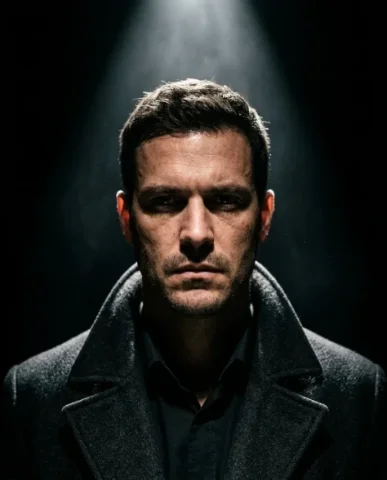 Dramatic Spotlight Portrait in Total Darkness 3 — Nano Banana AI Prompt: The long structured overcoat in dark charcoal frames their neck and chest, the c...