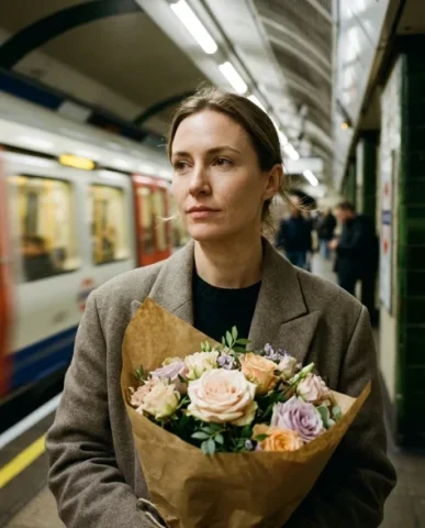 Cinematic Subway Platform Portrait with Motion Blur 3 — Nano Banana AI Prompt: The bouquet of flowers wrapped in brown craft paper is held near her chin, the t...
