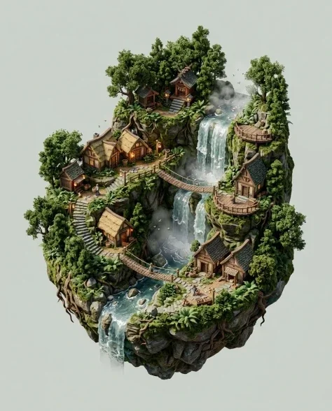Floating Miniature Diorama of Forest Waterfall Village 1