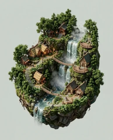 Floating Miniature Diorama of Forest Waterfall Village 1 — Nano Banana AI Prompt: The blank environment shifts from pale grey to deep midnight blue....","url":"ht...