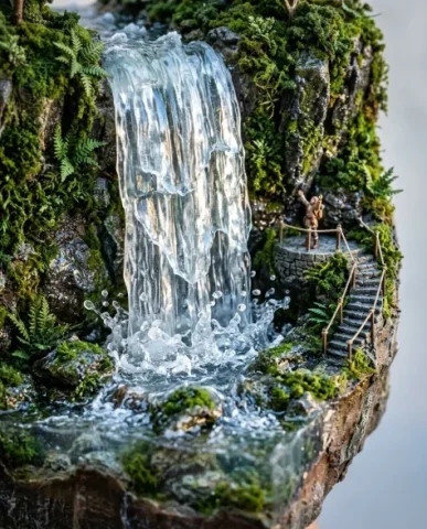 Floating Miniature Diorama of Forest Waterfall Village 2 — Nano Banana AI Prompt: Tiny villagers carry woven baskets along winding stone paths while birds fly thr...