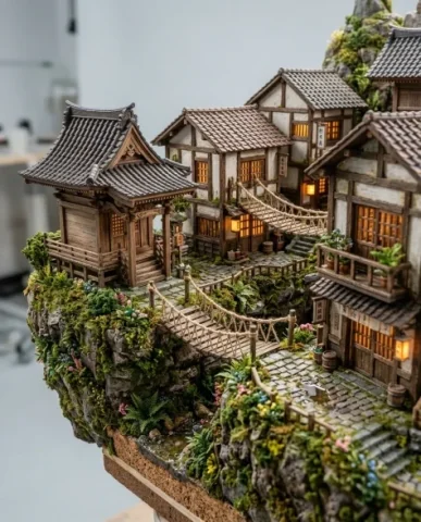 Floating Miniature Diorama of Forest Waterfall Village 3 — Nano Banana AI Prompt: The stylized resin waterfall is the hero — translucent layers of clear material...