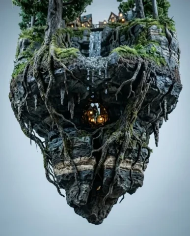 Floating Miniature Diorama of Forest Waterfall Village 4 — Nano Banana AI Prompt: Small wooden shrines with elegantly curved roofs show detailed woodwork — miniat...