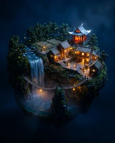 Floating Miniature Diorama of Forest Waterfall Village 6