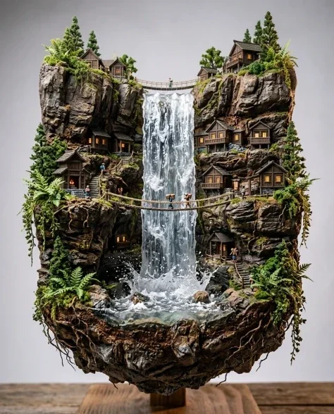 Floating Miniature Diorama of Forest Waterfall Village 7