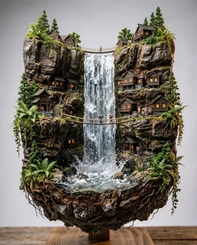 Floating Miniature Diorama of Forest Waterfall Village 7 — Nano Banana AI Prompt: The same floating miniature diorama transformed by nighttime lighting. The blank...