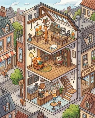 Isometric 2.5D Architectural Slice of Animal Community 1 — Nano Banana AI Prompt: The scene fills the frame edge to edge feeling like part of a larger world exten...