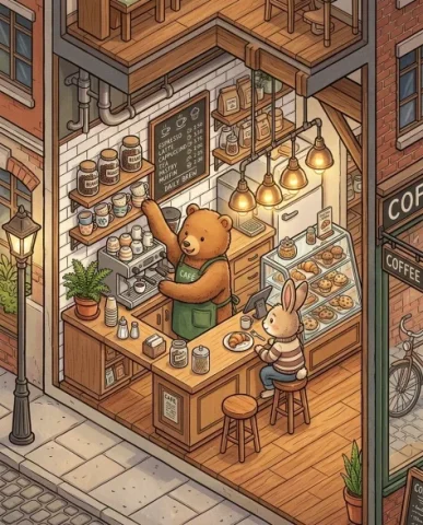 Isometric 2.5D Architectural Slice of Animal Community 2 — Nano Banana AI Prompt: The café details are charming — a chalkboard menu on the wall with tiny chalk dr...