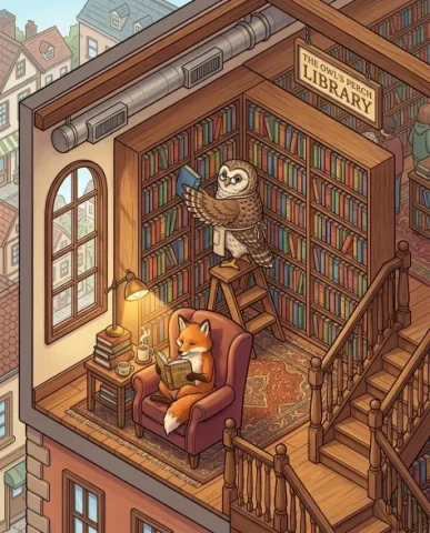 Isometric 2.5D Architectural Slice of Animal Community 3 — Nano Banana AI Prompt: The fox is curled comfortably in a plush armchair upholstered in warm burgundy,...