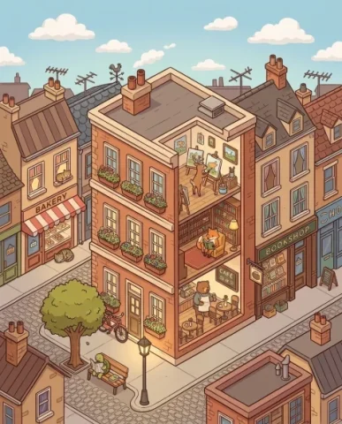 Isometric 2.5D Architectural Slice of Animal Community 6 — Nano Banana AI Prompt: An isometric view showing the exterior of the community building within its neig...