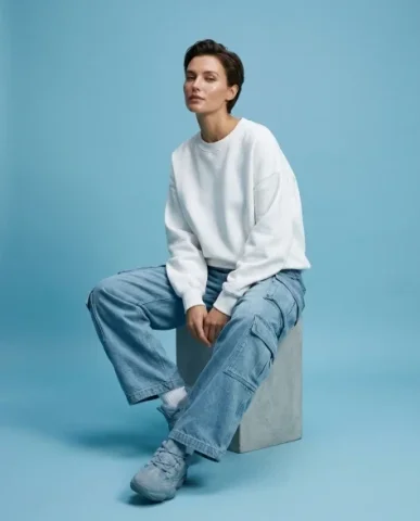 Minimalist Sky-Blue Streetwear Studio Portrait 1 — Nano Banana AI Prompt: Her wardrobe consists of an oversized white sweatshirt with soft draping, paired...
